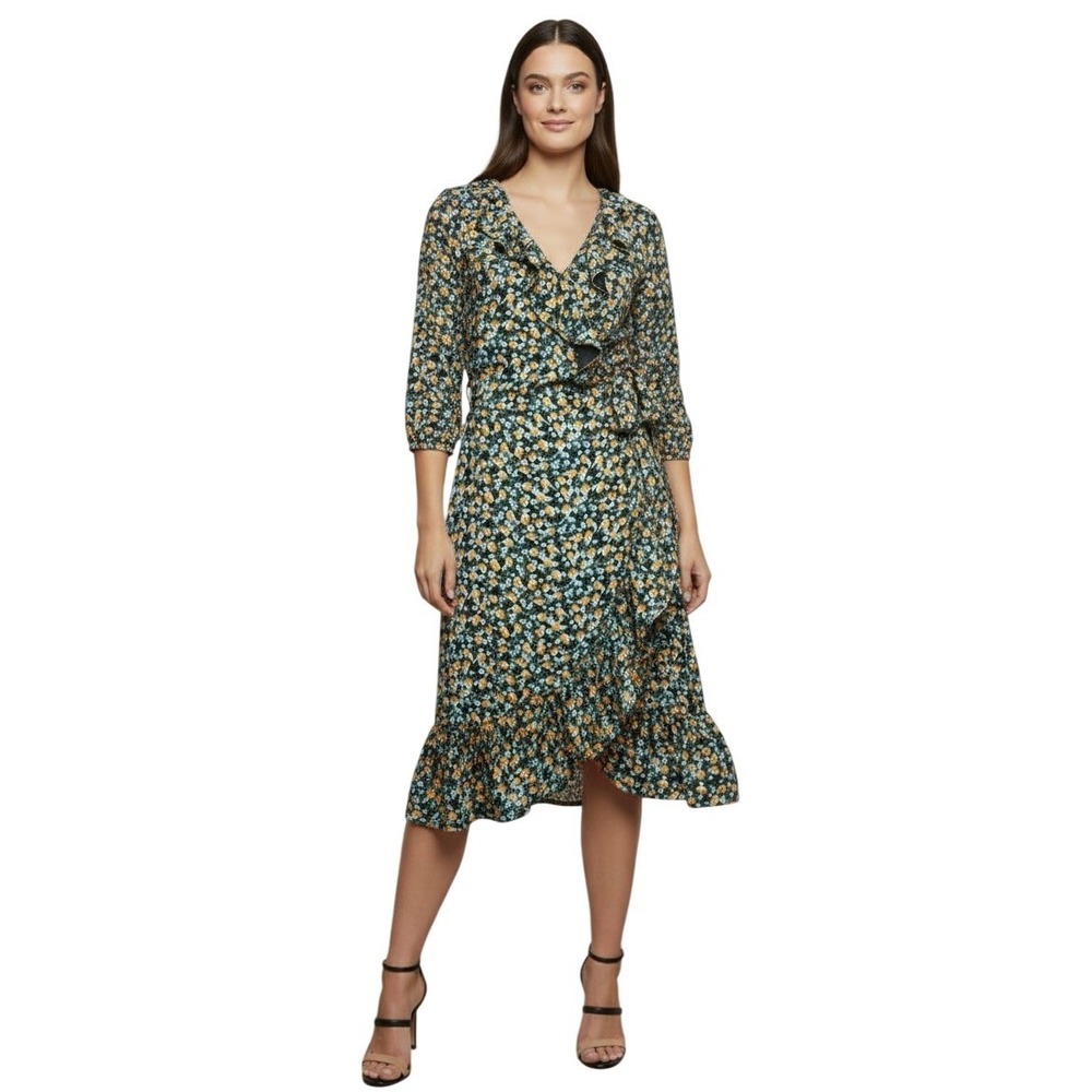 Jason Wu x Eloquii Surplice Wrap Midi Dress Sz 16 Floral Green Ruffle Plus $130